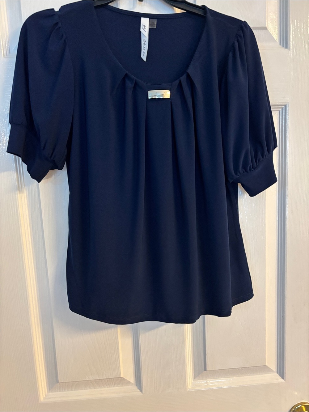 NY Collection Navy Pleated Puff Sleeve Blouse with Gold Accent